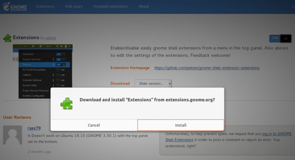 GNOME shell extensions install dialogue