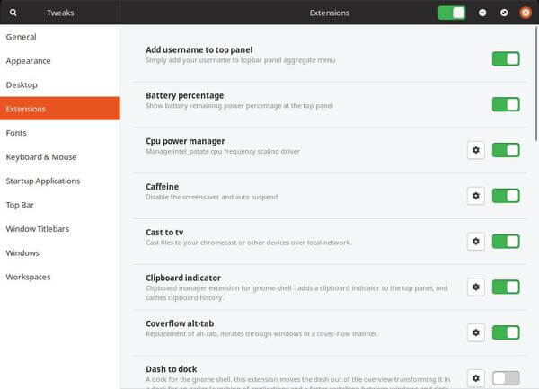 GNOME Tweak Tool Extensions section