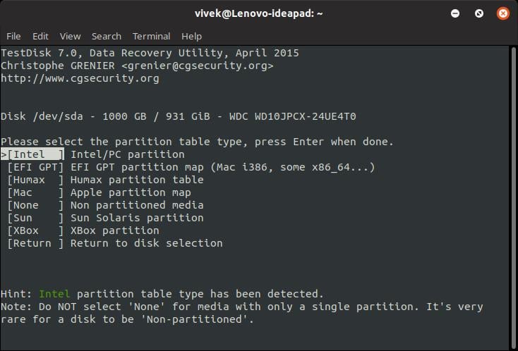 test disk partition table