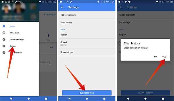 Clear the translation history in Google Translate app