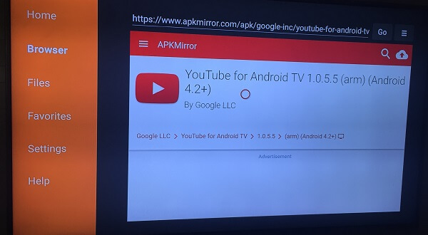 Fire TV enter YouTube APK URL