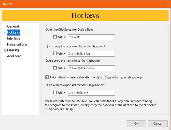 Hot Keys or Shortcut Preferences on Clipdiary