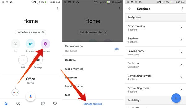 Routines on Google Home within Home app on Android