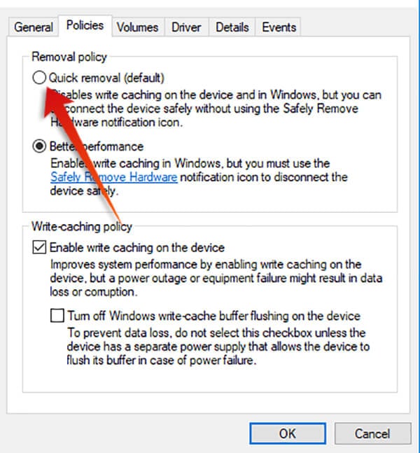 Choose Quick Removal for USB Drive on Windows 10