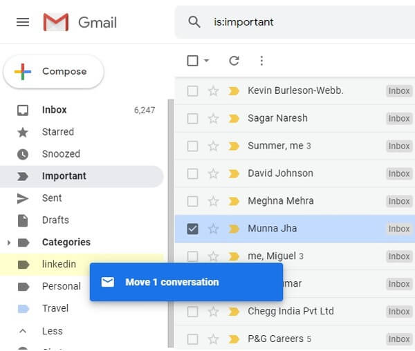 Easily drag and drop mails between different categories