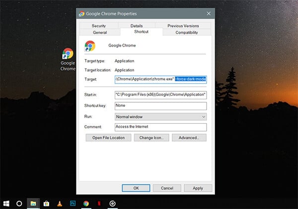 Force Dark Mode tag in Chrome Shortcut Target Address