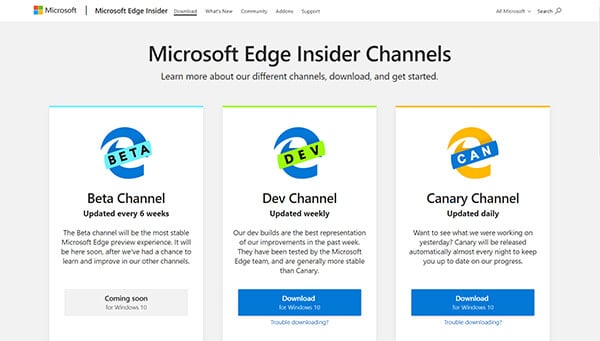 Microsoft Edge Beta Channel Dev Channel and Canary Channel