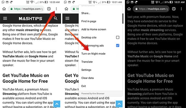 Turn on Night Mode in Kiwi Browser on Android