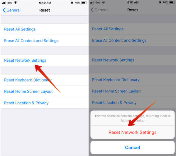 iPhone reset network settings