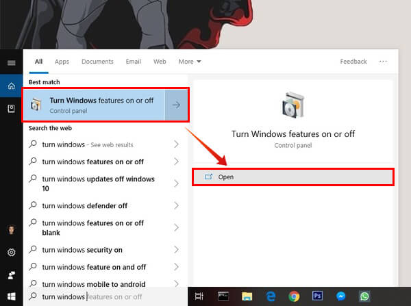 search for turn windows features on or off