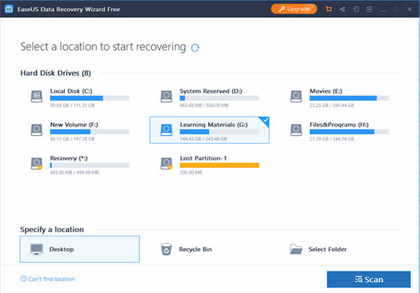 EaseUS Data Recovery Wizard Free Data Recovery Software Main Window