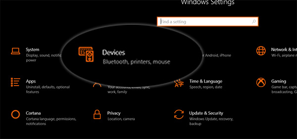 Open Settings in Windows 10 and Click Devices