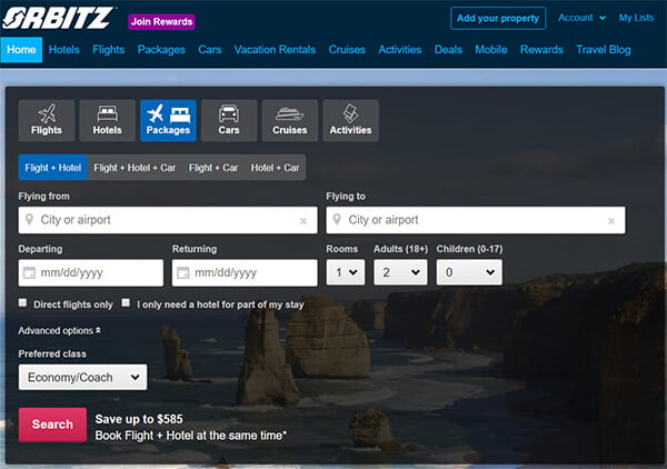 Orbitz Website Homepage