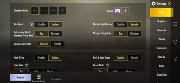 PUBG Mobile Settings menu