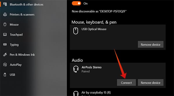 Reconnect AirPods manually on Windows 10