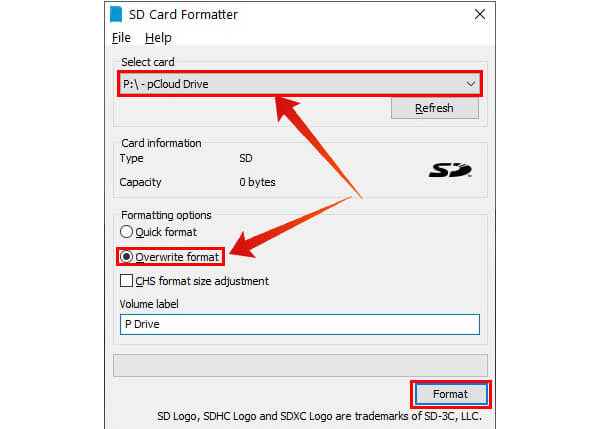 select USB drive on SD Card formatter