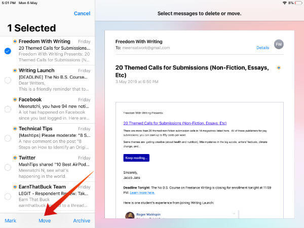 iPad select emails on folder