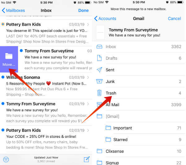 iPhone delete email using swipe