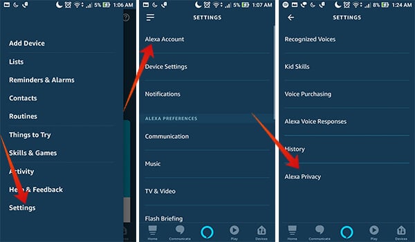 Enter Alexa Privacy Settings on Android