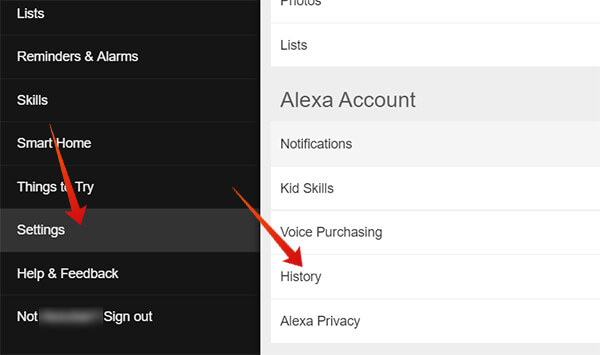 Enter History on Alexa Account Web