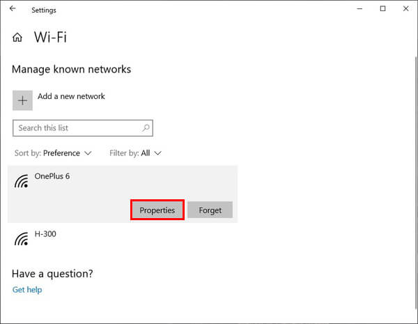 Windows 10 Known networks properties
