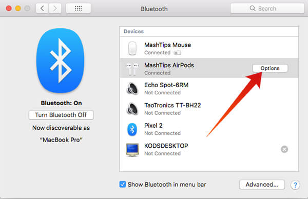 Select Options from Bluetooth Preferences AirPods