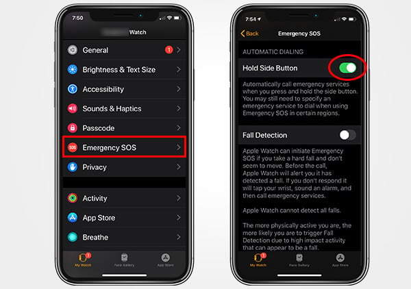 Enable Hold Side Button for SOS on Apple Watch from iPhone