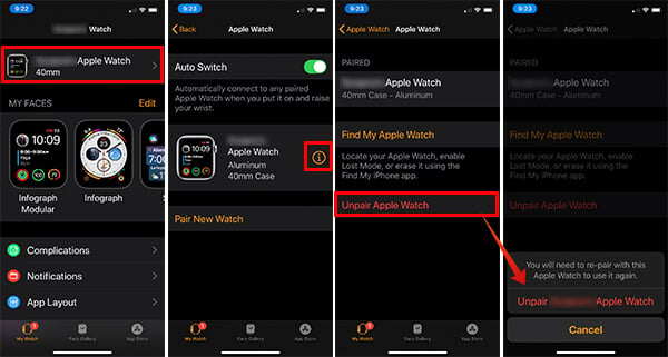 Unpair Apple Watch from iPhone Settings