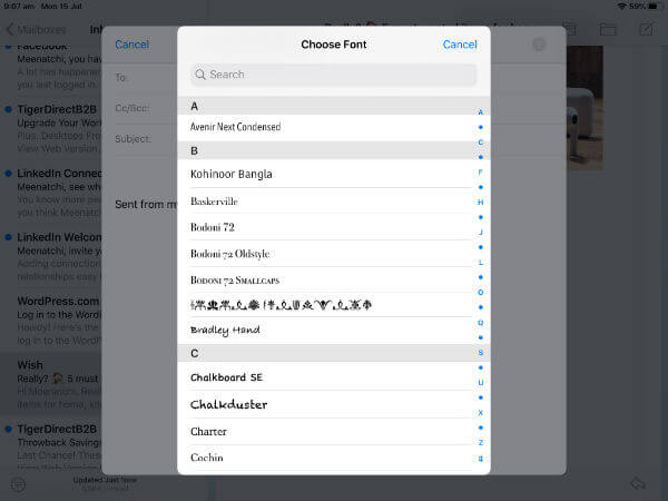 iPad OS Mail font selection