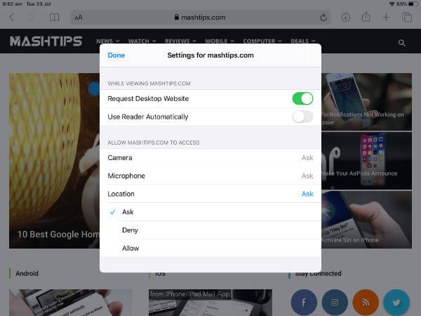 iPad Safari Per Site Settings