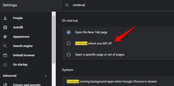 Fix Chrome's Continue Where You Left off Feature Not Working 6