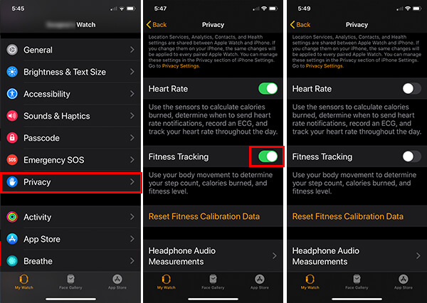 Turn off Fitness Tracking in Apple Watch Screenshot