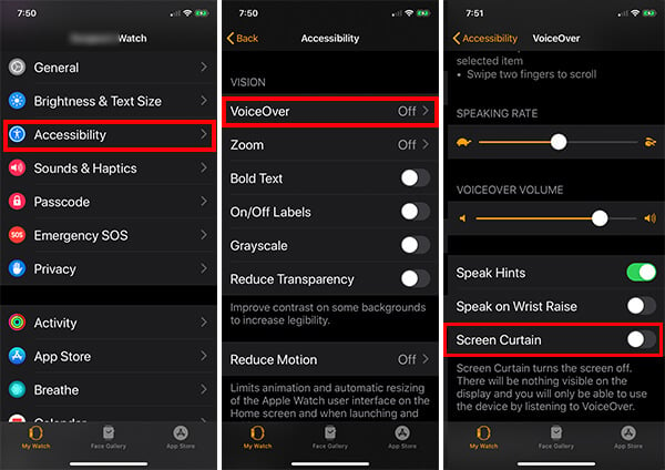 Turn off VoiceOver and SCreen Curtain on Apple Watch