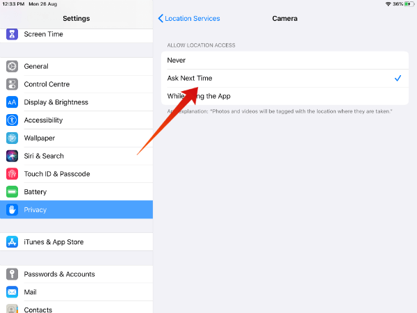 iPad Location Settings Camera