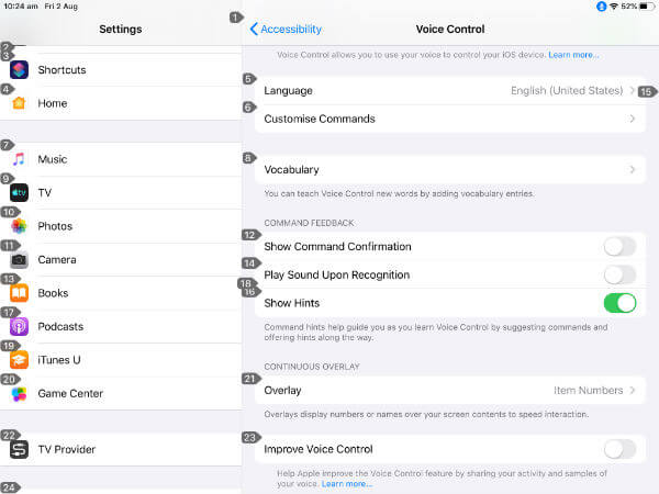 iPad voice command item numbers