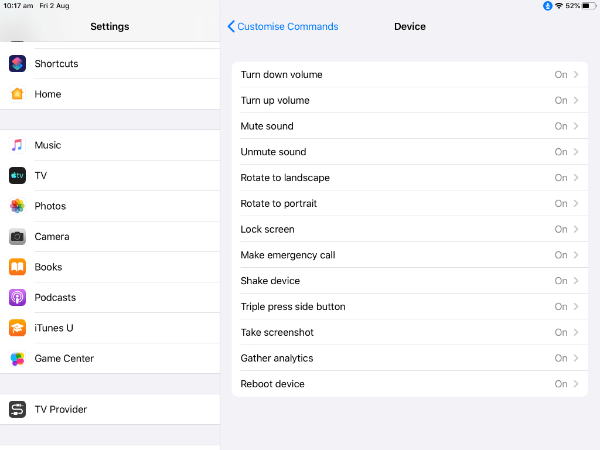 iPad voice commands under device category