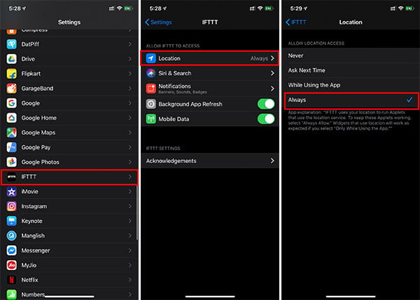 Turn on Location Always for IFTTT app on iPhone