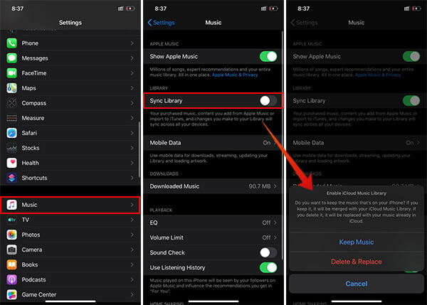 Turn on Sync Library on Apple Music and Enable iCloud Music Library on iPhone