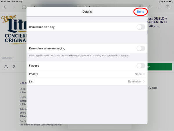 iPad create reminder from safari