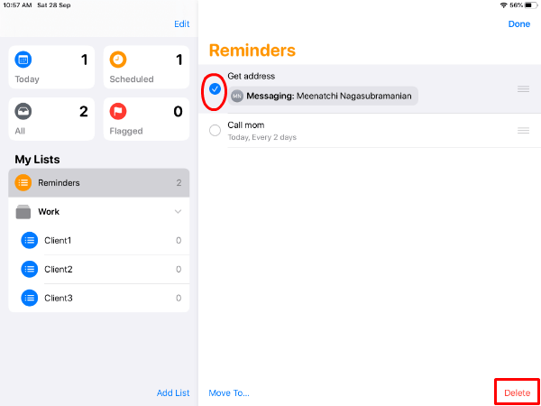 iPad delete selected reminders