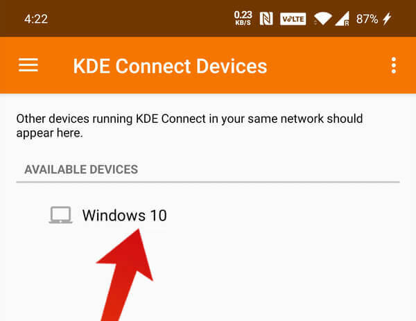 Select Windows PC From KDE Connnect Android App