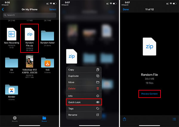 Preview the Zip FIle Content on iPhone iOS Files App