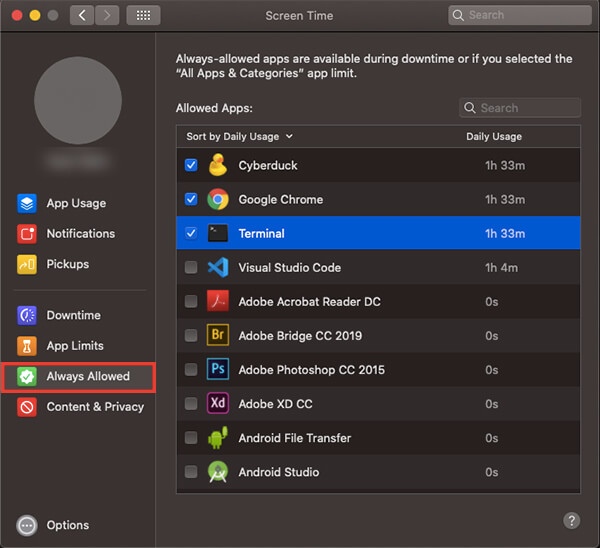 Select Always Allowed Apps from Screen Time on Mac