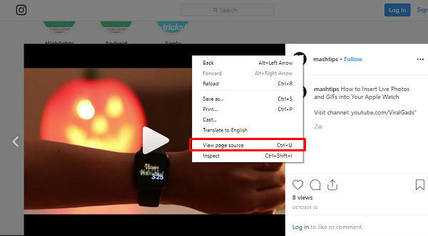 Instagram video menu option