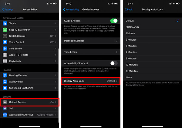 Display auto lock settings for Guided access iOS and iPadOS