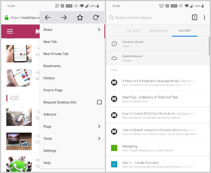 Access Firefox history on mobile