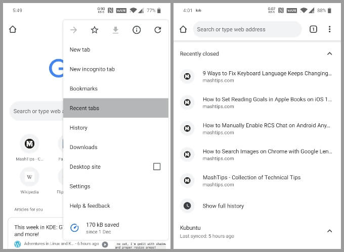 Restore recently closed tabs in Chrome for Android