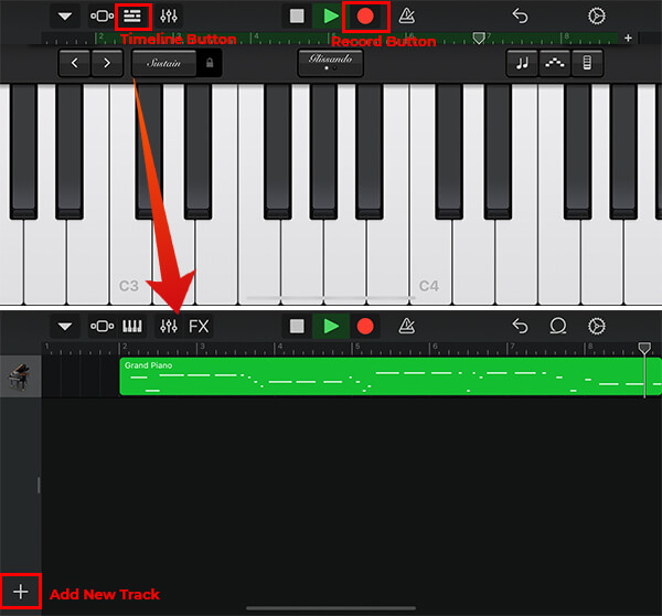 Record the notes and add new tracks on Garageband