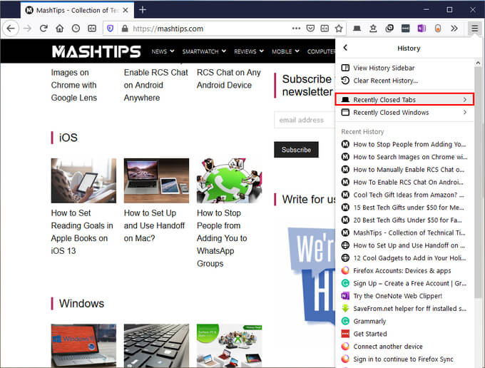 Reopen closed tabs in Firefox for Mac and PC