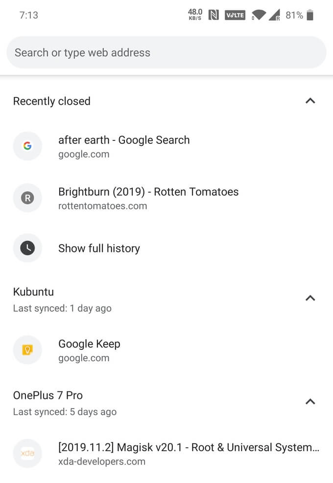 Open Closed Tabs on Another Device